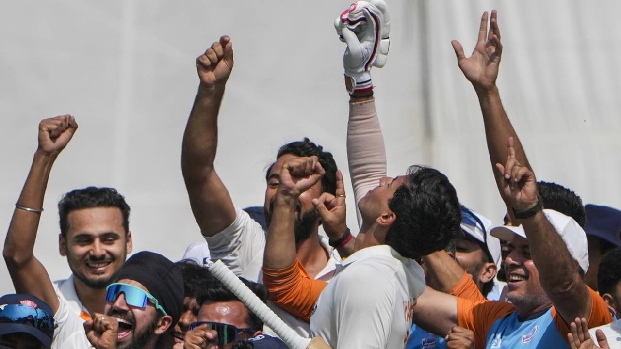The Jammu and Kashmir players celebrate after reaching the final of the Ranji Trophy, Bengal vs Jammu and Kashmir, Ranji Trophy, 2nd semi-final, Kalyani, fourth day, February 18, 2026