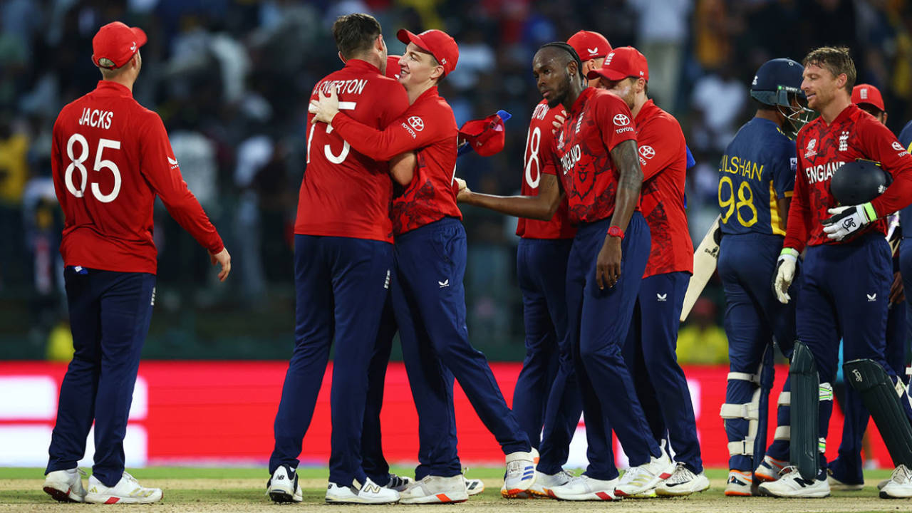 England players celebrate after the team's victory over Sri Lanka, Sri Lanka vs England, T20 World Cup Super Eight, Pallekele, February 22, 2026