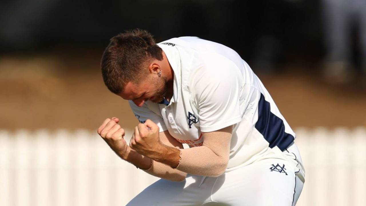 Fergus O'Neill celebrates a wicket, Victoria vs South Australia, Sheffield Shield, Final, Junction Oval, March 28, 2026