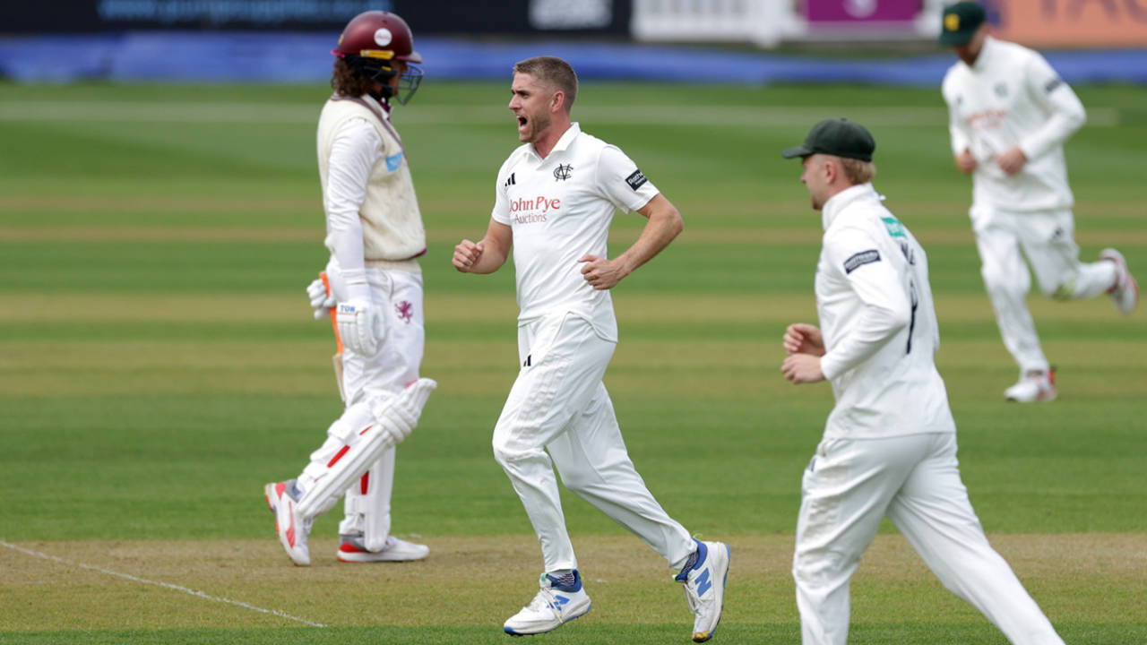 Olly Stone made the opening incision with the new ball, Somerset vs Nottinghamshire, County Championship, Division One, Taunton, April 3, 2026