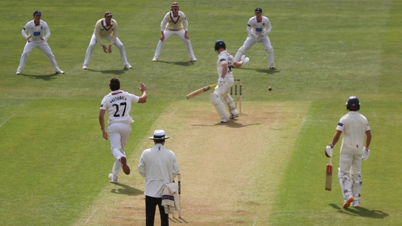 Charlie Allison rides the bounce from Migael Pretorius during his battling innings, Essex vs Somerset, County Championship, Chelmsford, April 10, 2026