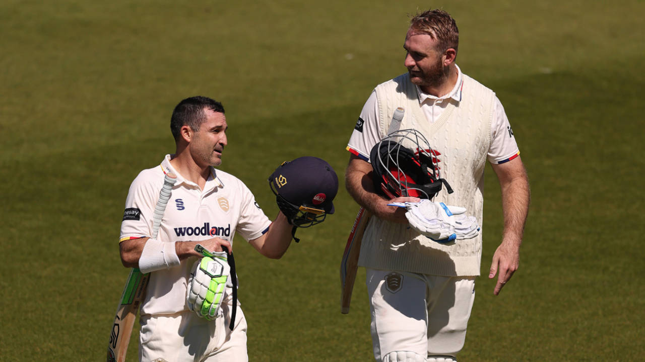Dean Elgar and Paul Walter walk off at lunch with their opening partnership intact, Surrey vs Essex, County Championship, Division One, The Oval, April 24, 2026