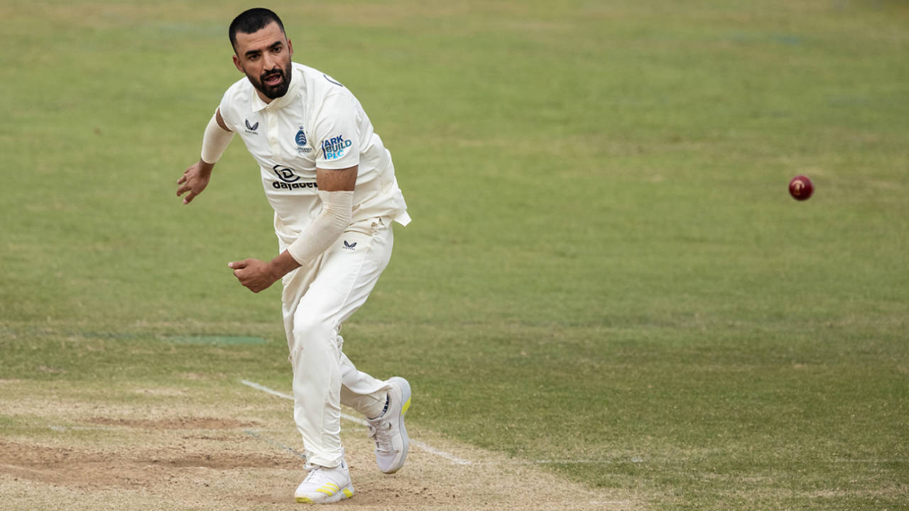 Zafar Gohar in his follow through, Northamptonshire v Middlesex, County Championship, Northampton, June 25, 2025