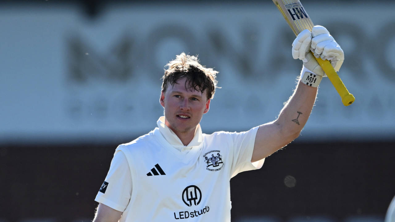 Miles Hammond raises hit bat on reaching a century, Derbyshire vs Gloucestershire, County Championship, Derby, April 24, 2026