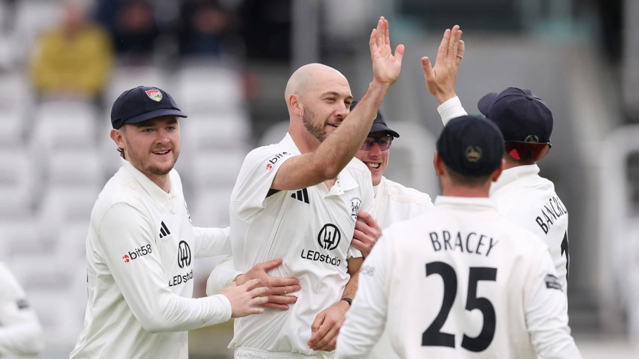 Gabe Bell celebrates taking a wicket, Rothesay County Championship, Division 2, Middlesex vs Gloucestershire, Lord's, April 03, 2026