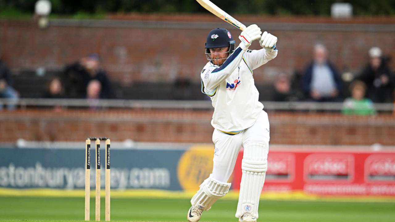 Jonny Bairstow climbs into a drive, Somerset vs Yorkshire, County Championship, Division One, Taunton, May 3, 2026