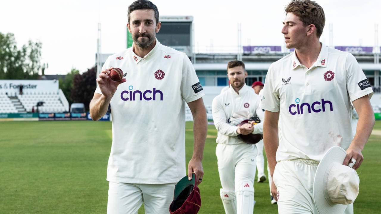 Ben Sanderson holds up the ball after his 11-wicket haul sealed victory, Northamptonshire vs Worcestershire, County Championship, Division Two, Wantage Road, May 3, 2026