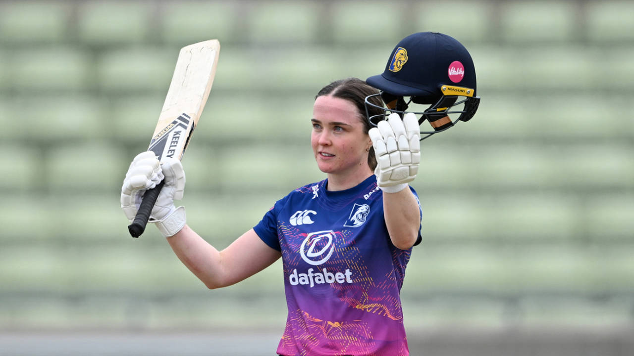 Mady Villiers celebrates reaching her century, Women's Metro Bank One Day Cup, Warwickshire vs Durham, Edgbaston, May 06, 2026