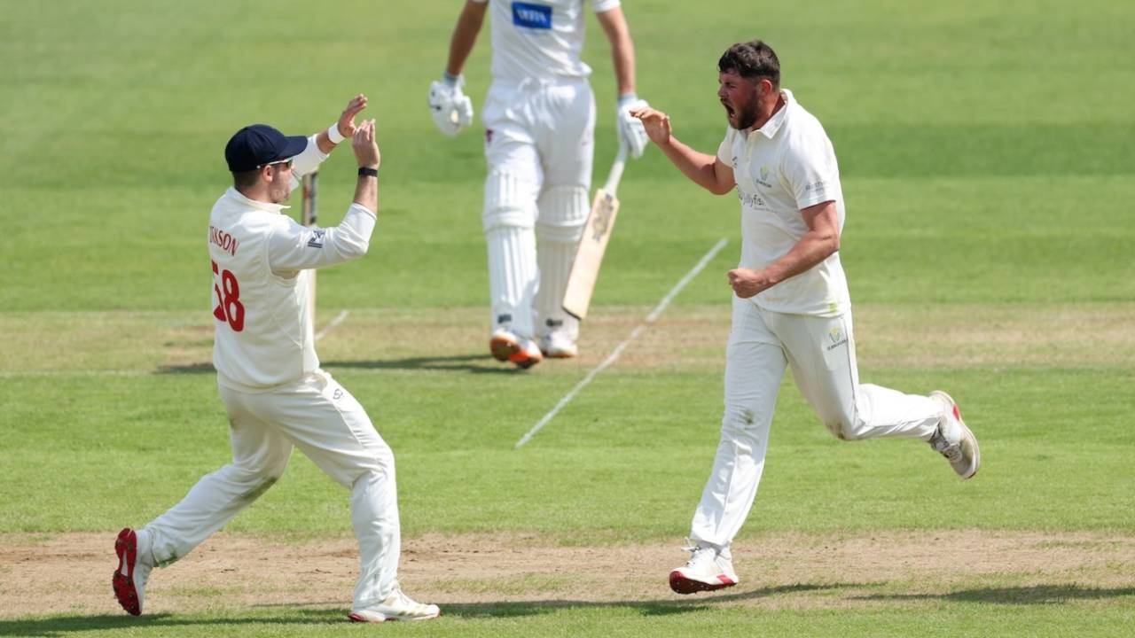 Tom Norton celebrates after taking his maiden first-class wicket, Glamorgan vs Somerset, County Championship, Cardiff, May 8, 2026