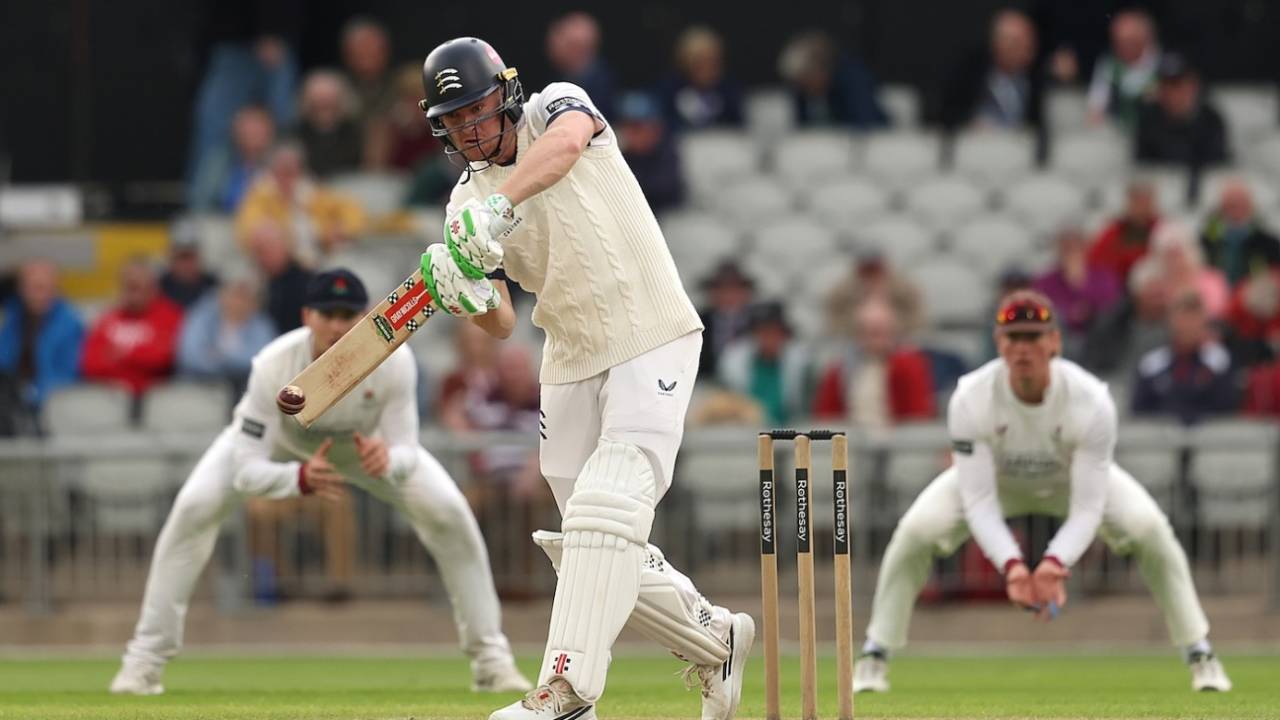 Ben Geddes hits out, Lancashire vs Middlesex, Rothesay County Championship, 1st day, Old Trafford, May 8, 2026
