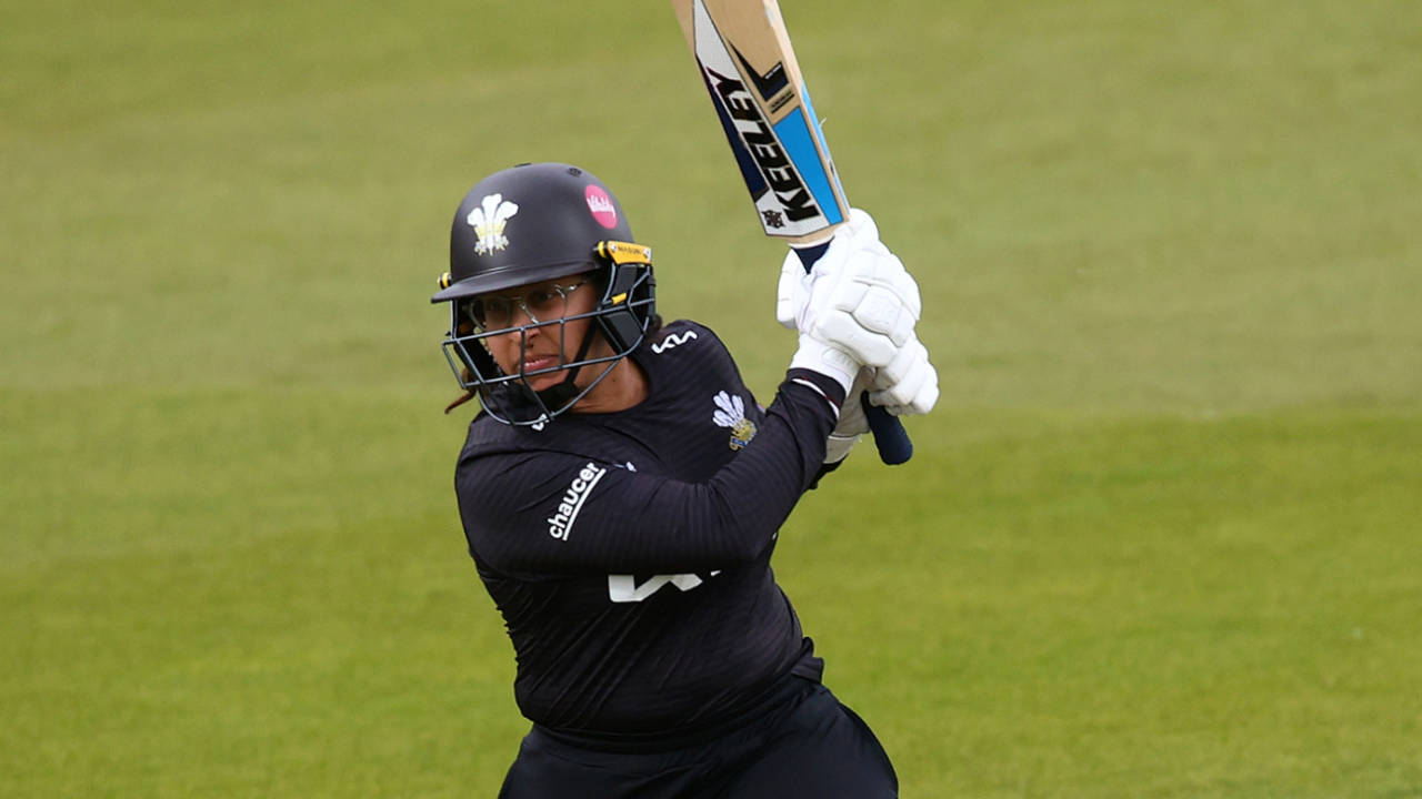 Priyanaz Chatterji punches a drive, Surrey vs Yorkshire, Women's One-Day Cup, The Oval, April 15, 2026