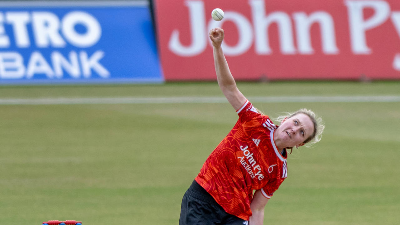 Charley Phillips on her way to figures of 4 for 31, The Blaze vs Hampshire, Women's One Day Cup, Trent Bridge, May 15 2026
