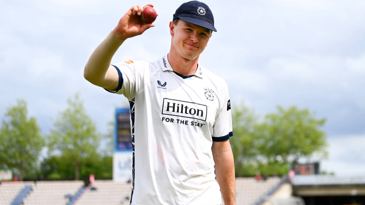 Sonny Baker holds the ball aloft after his five-for, Hampshire vs Nottinghamshire, County Championship, Utilita Bowl, May 17, 2026