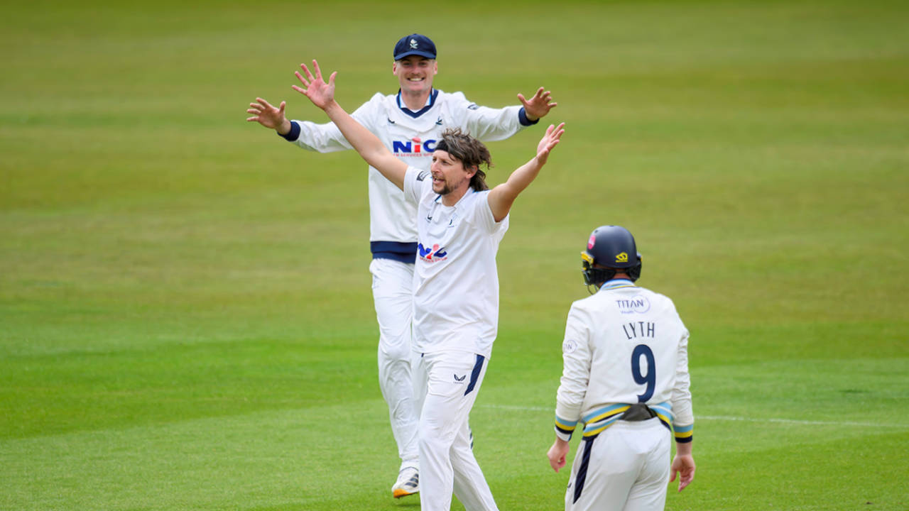 Jack White celebrates the dismissal of Josh Blake, Yorkshire vs Surrey, County Championship, Division One, Headingley, May 18, 2026