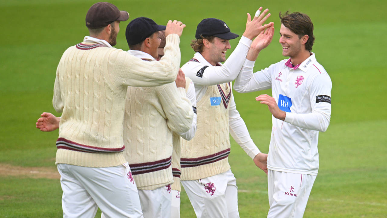 Archie Vaughan celebrates a breakthrough, Somerset vs Sussex, County Championship, Division One, Taunton, May 18, 2026