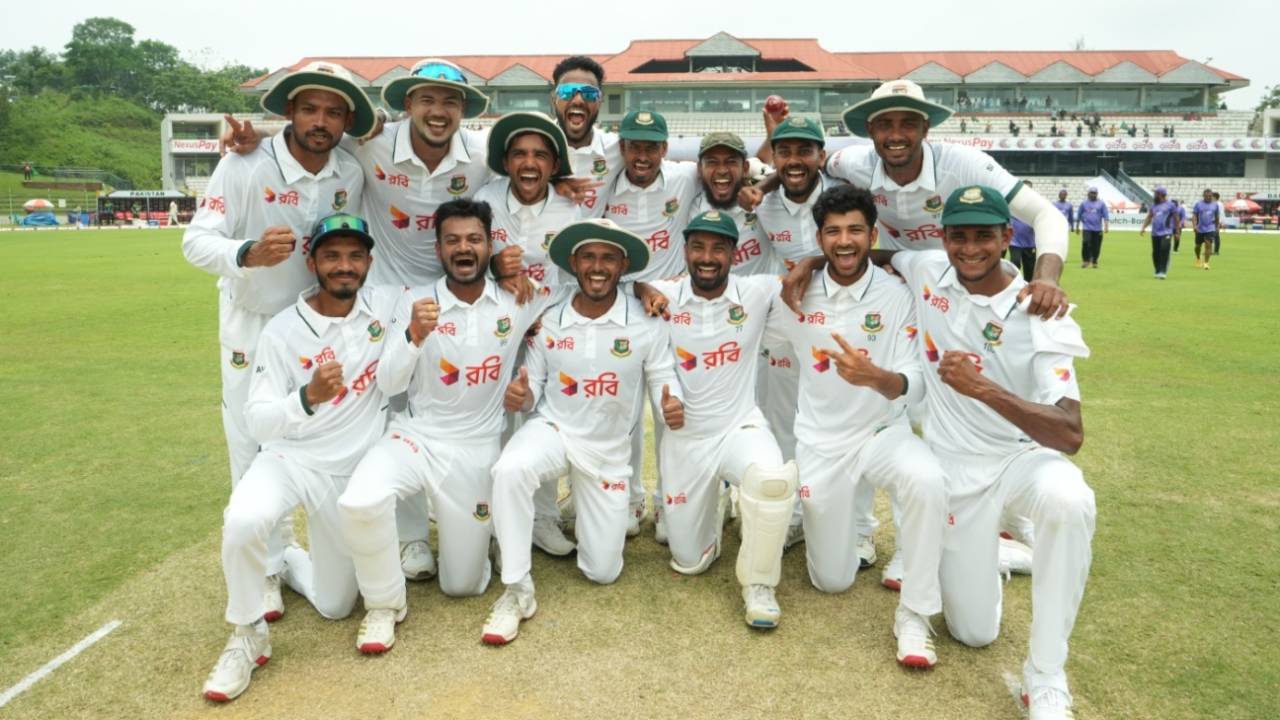 The Bangladesh players celebrate their win, Bangladesh vs Pakistan, 2nd Test, Sylhet, 5th day, May 20, 2026