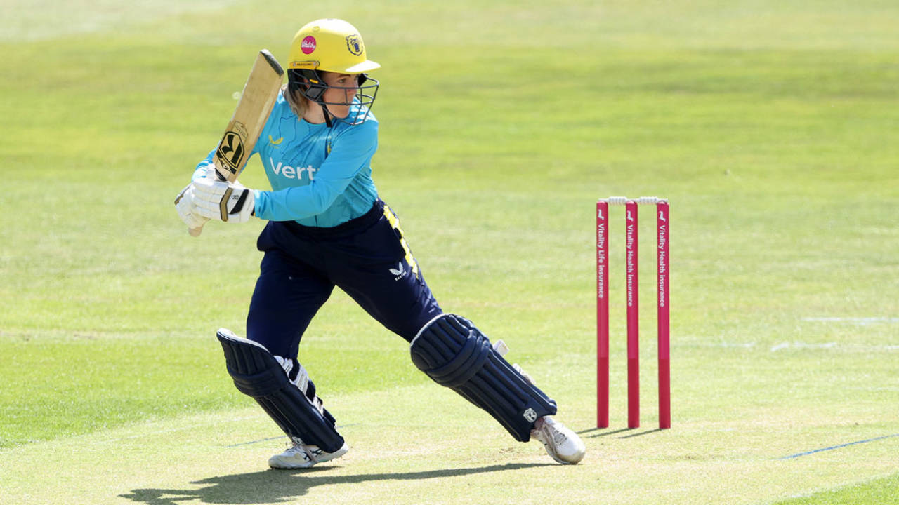 Georgia Redmayne watches one away, Vitality Blast Women, Essex vs Warwickshire, Chelmsford, May 22, 2026 in Chelmsford, England. (Photo by Paul Harding - ECB/ECB via Getty Images)