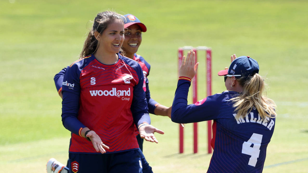 Sophie Munro celebrates an early wicket, Vitality Blast Women, Essex vs Warwickshire, Chelmsford, May 22, 2026 in Chelmsford, England. (Photo by Paul Harding - ECB/ECB via Getty Images)
