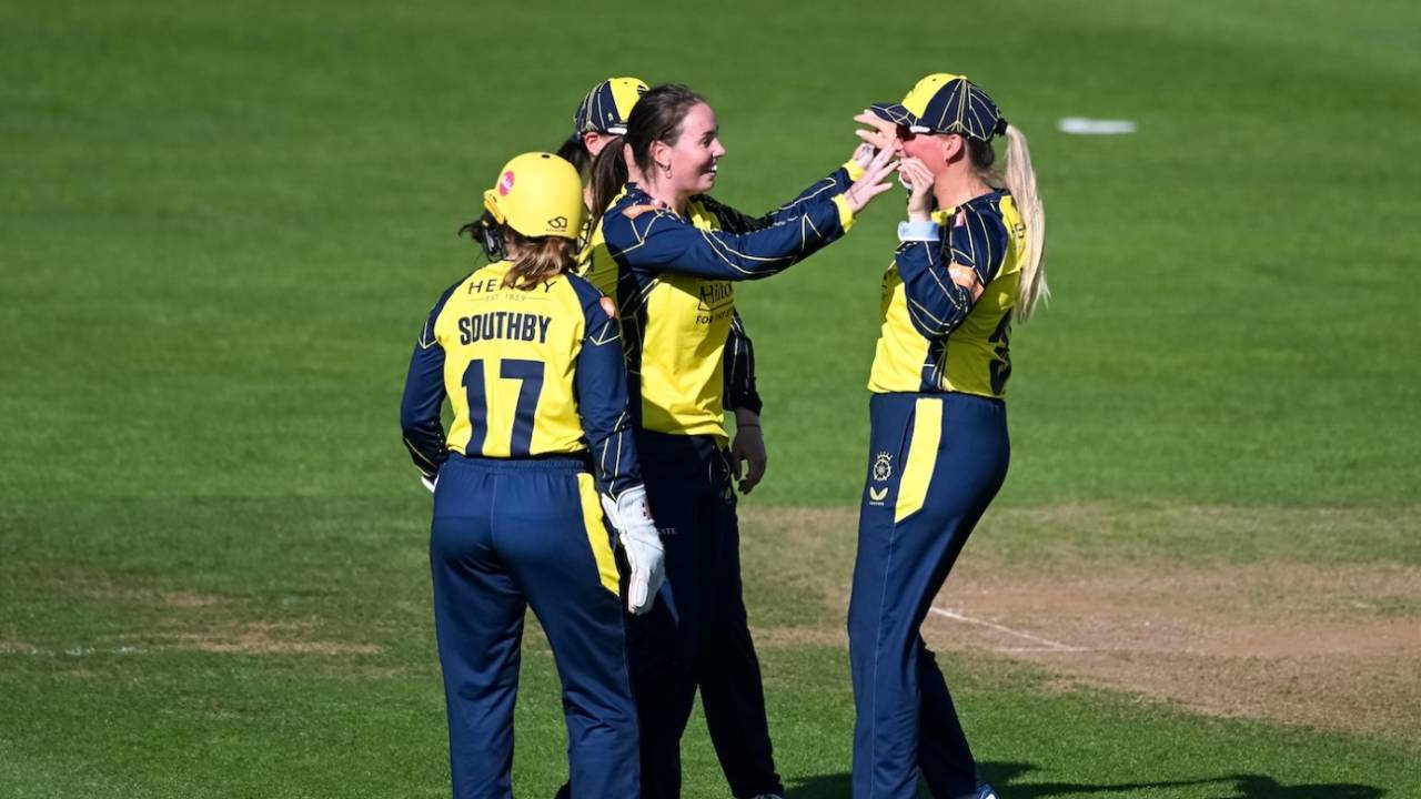 Amanda-Jade Wellington and Bex Tyson celebrate, Hampshire vs Essex, women's Vitality Blast, Southampton, May 26, 2026
