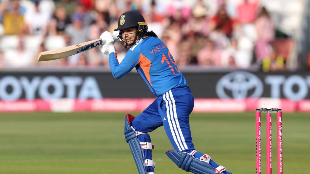 Yastika Bhatia drives through cover point, England vs India, 1st women's T20I, Chelmsford, May 28, 2026