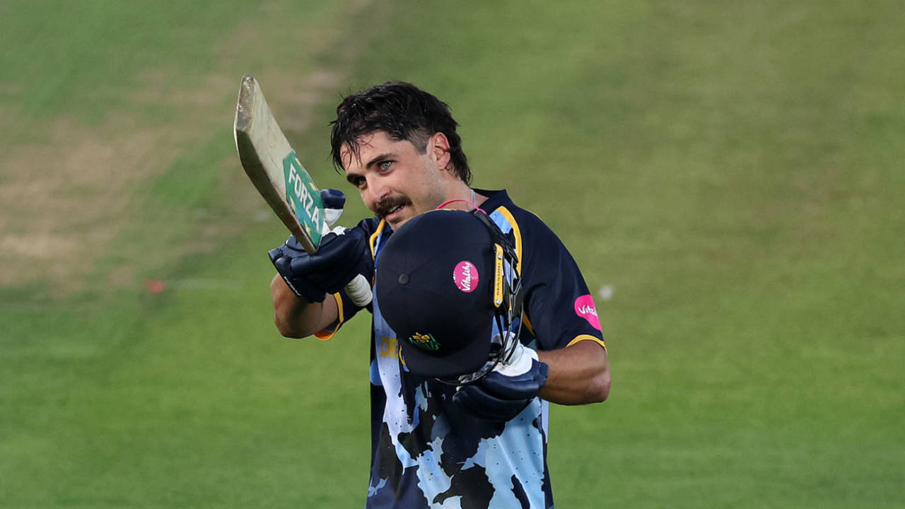 Kiran Carlson acknowledges the crowd as he leaves the field after reaching his century, Vitality Blast, Glamorgan vs Somerset, Sophia Gardens, May 29, 2026