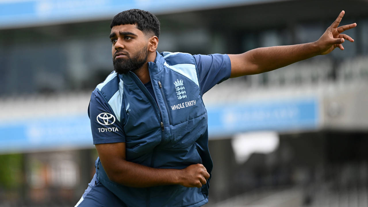 Rehan Ahmed bowls in England training at Lord's