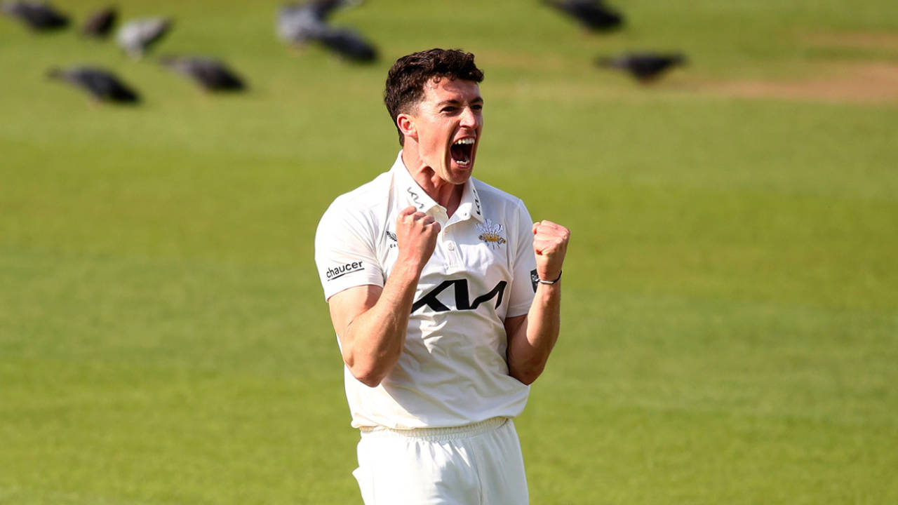 Matt Fisher roars in celebration, Surrey vs Sussex, County Championship, Division One, The Oval, May 3, 2026