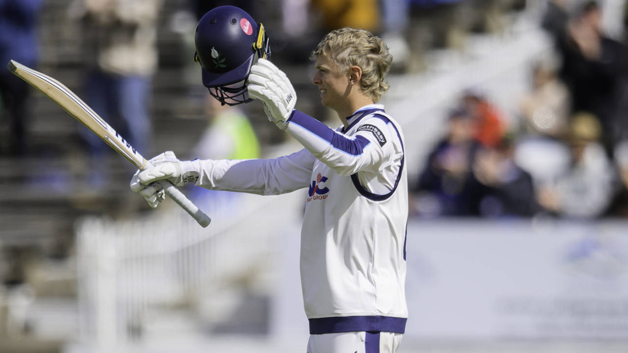 Will Luxton celebrates reaching his maiden first-class hundred, Yorkshire vs Warwickshire, County Championship, Scarborough, June 12, 2026