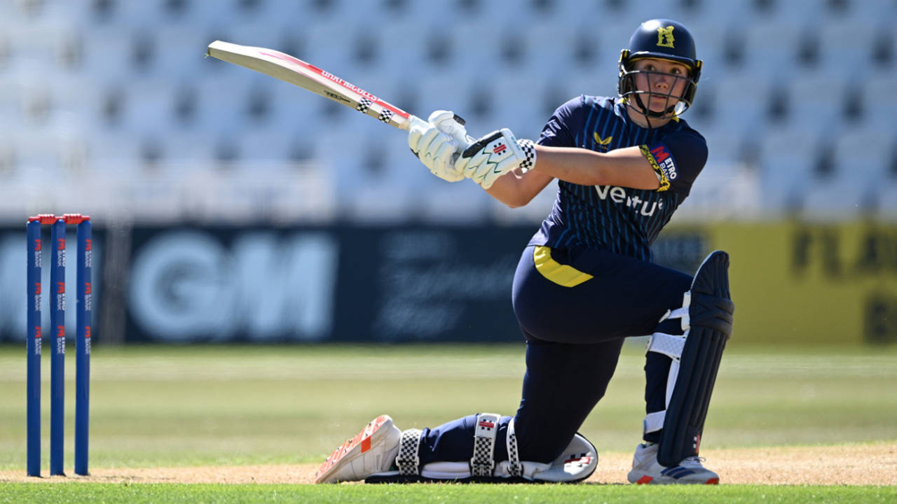 Katie George reverse-sweeps during her innings of 98, The Blaze vs Warwickshire, Metro Bank One-Day Cup, Trent Bridge, April 29, 2026