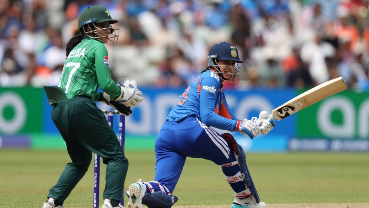 Smriti Mandhana brings out the sweep, India vs Pakistan, Women's T20 World Cup 2026, Birmingham, June 14, 2026