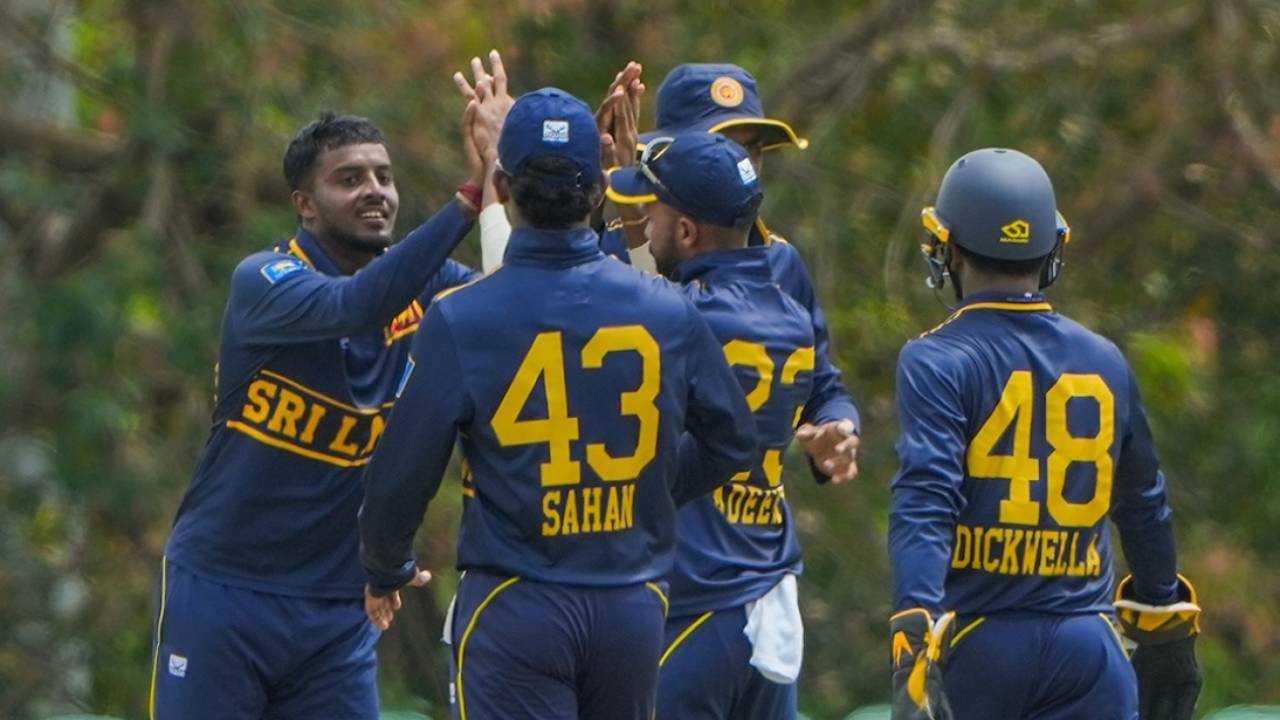 Vijayakanth Viyaskanth celebrates a wicket with his team-mates, Sri Lanka A vs Afghanistan A, 3rd match, one-day tri-series, Dambulla, June 13, 2026