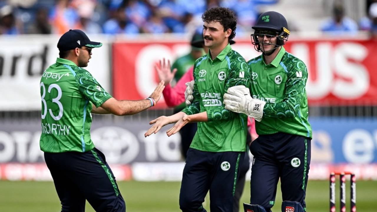 Matthew Humphreys celebrates the dismissal of Tilak Varma, Ireland vs India, 1st men's T20I, Belfast, June 26, 2026