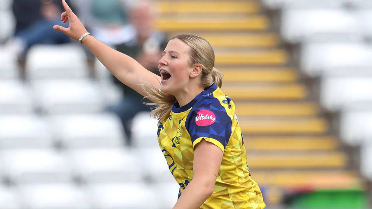 Trudy Johnson celebrates a wicket, Durham vs Warwickshire, Women's T20 Blast, May 29, 2026