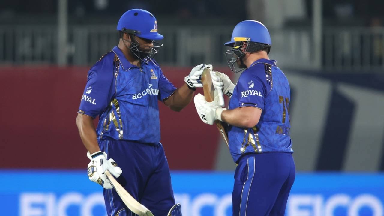 Kieron Pollard is congratulated by Corey Anderson after his fifty, Los Angeles Knight Riders vs MI New York, MLC 2026, Pomona, July 4, 2026