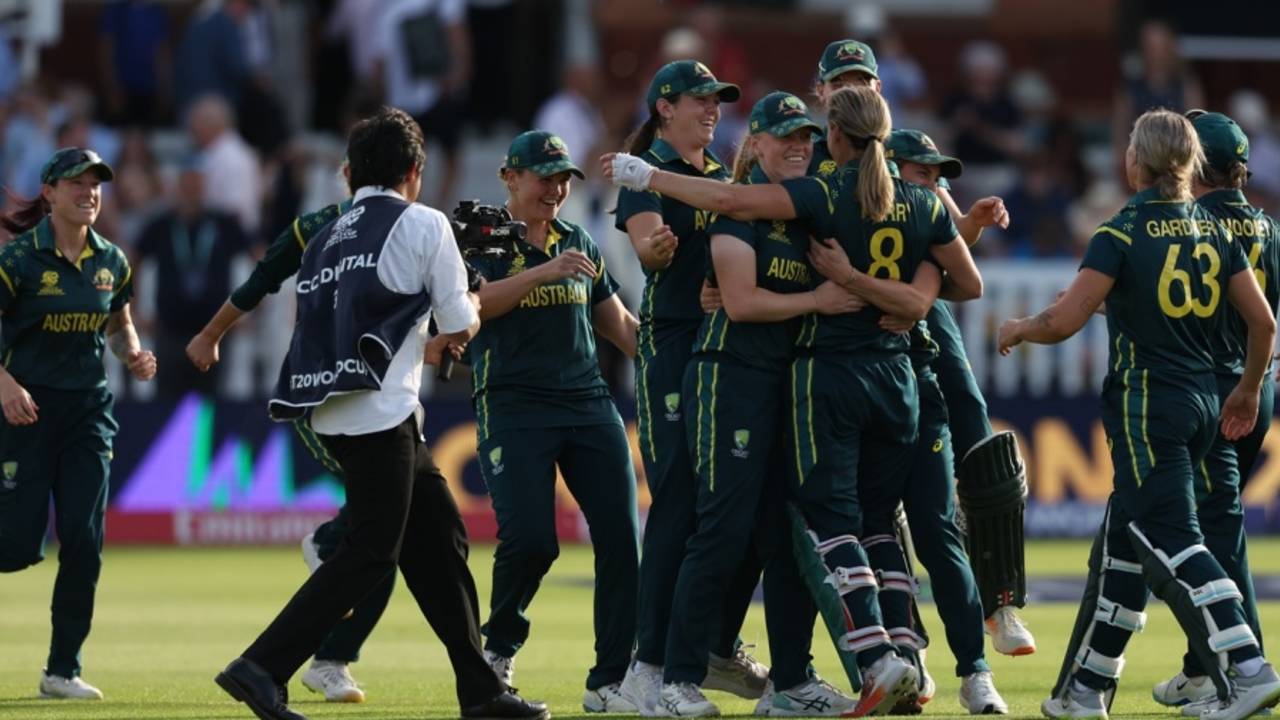The Australian players celebrate winning a record seventh T20 World Cup, England vs Australia, T20 World Cup final, Lord's, London, July 5, 2026