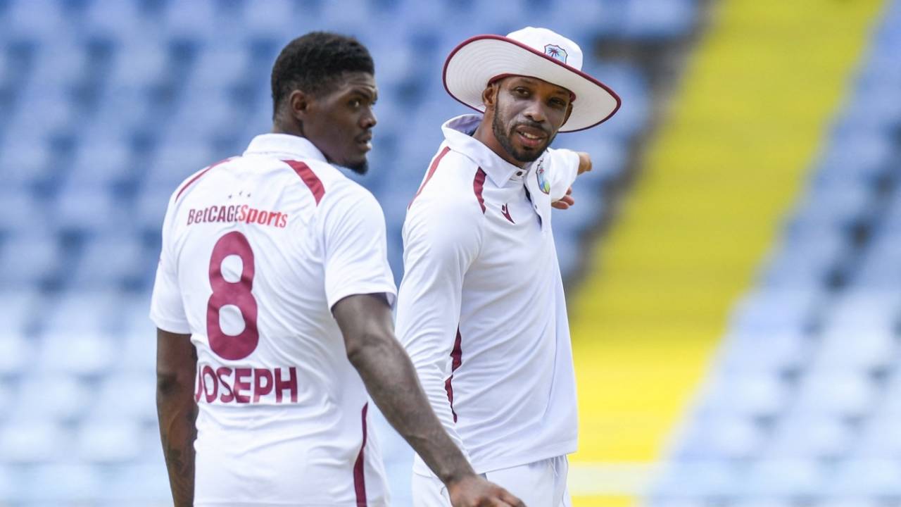 Alzarri Joseph and Roston Chase have a chat, West Indies vs Sri Lanka, 2nd Test, North Sound, 5th day, July 7, 2026