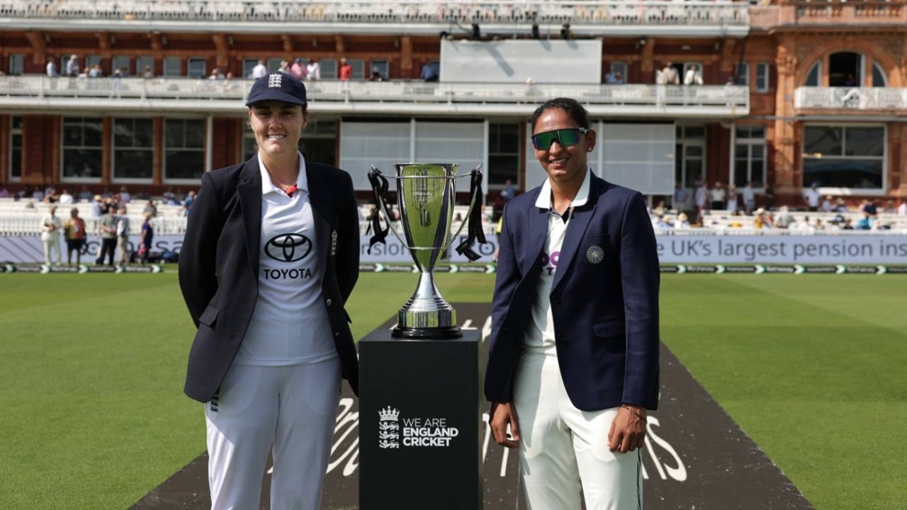 Nat Sciver-Brunt and Harmanpreet Kaur pose with the trophy, England vs India, only women's Test, Lord's, 1st day, July 10, 2026