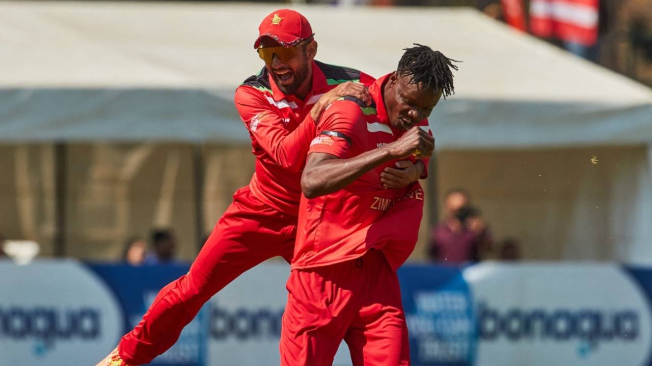 Sikandar Raza and Blessing Muzarabani celebrate Vaibhav Sooryavanshi's wicket, Zimbabwe vs India, 2nd T20I, Harare, July 25, 2026