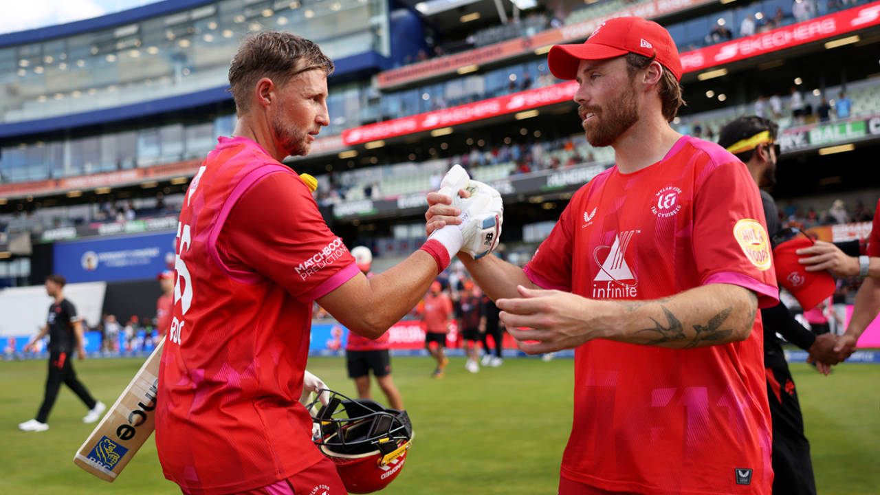 Phil Salt congratulates Joe Root on his match-winning half-century, Birmingham Phoenix vs Welsh Fire, Men's Hundred, Edgbaston, August 1, 2026