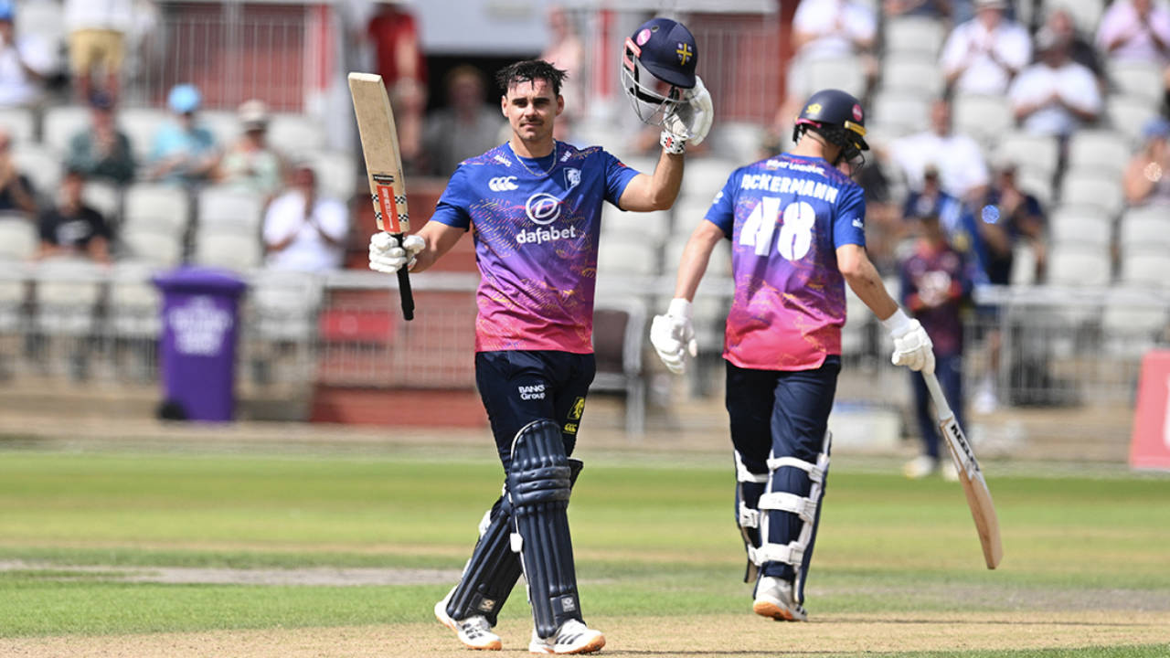 David Bedingham celebrates his century, Lancashire vs Durham, Emirates Old Trafford, Metro Bank One Day Cup, August 14, 2026