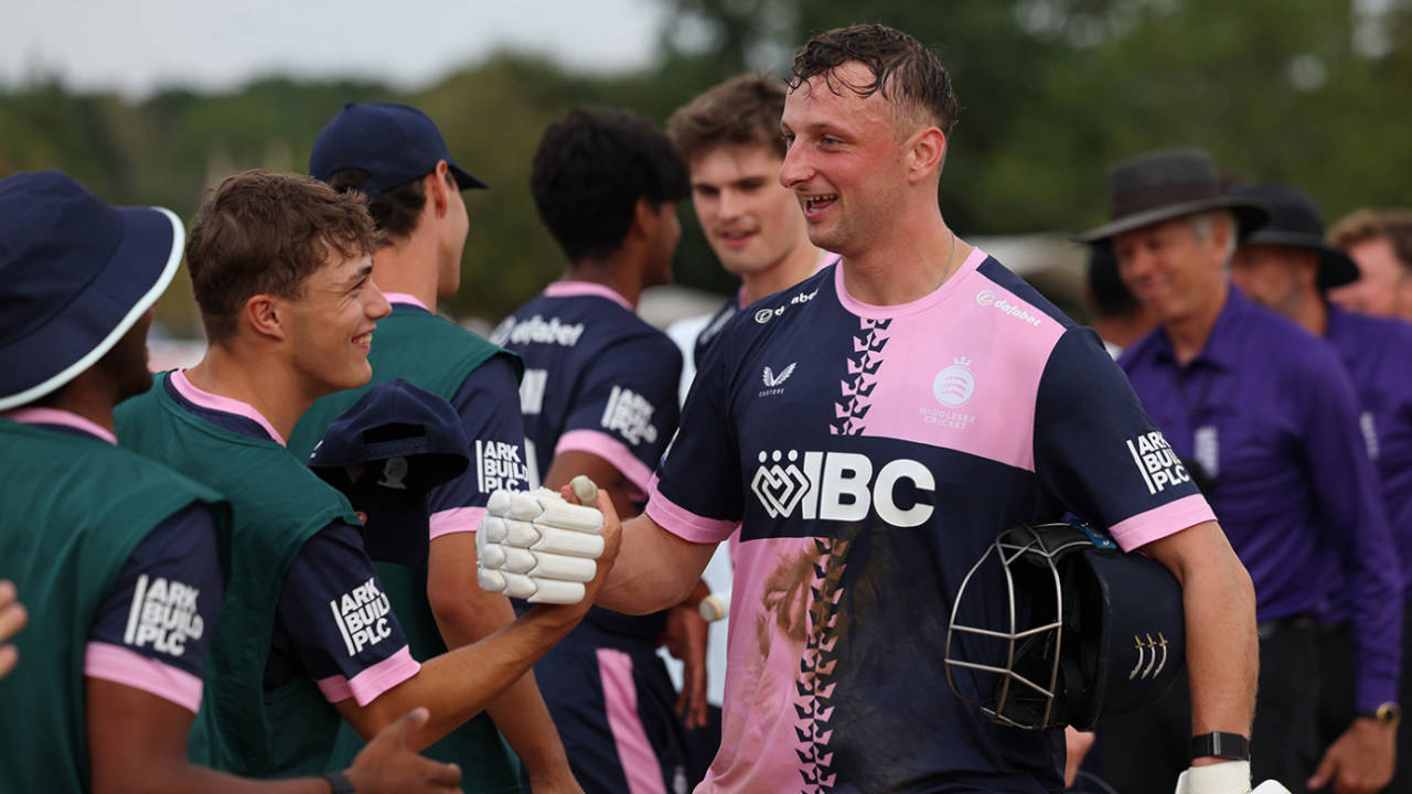 Luke Hollman celebrates the win, Middlesex vs Durham, Radlett, Metro Bank One Day Cup semi-final, August 16, 2026
