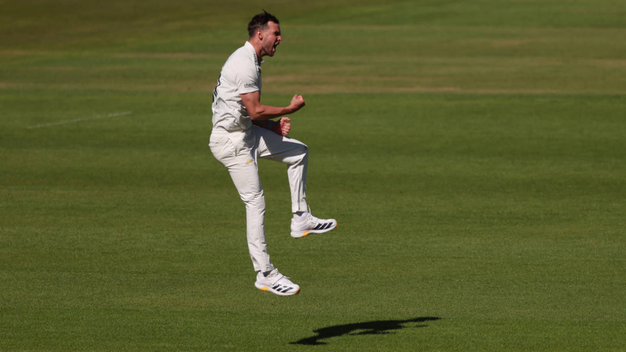 Tom Lawes roars in celebration, Surrey vs Essex, County Championship, Division One, The Oval, April 24, 2026