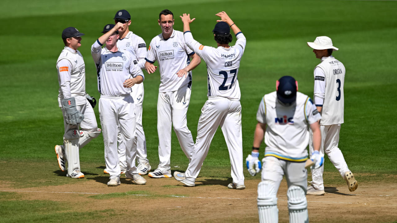 Kyle Abbott celebrates with his team-mates, Hampshire vs Yorkshire, Utilita Bowl, County Championship Division One, Day 1, August 20, 2026