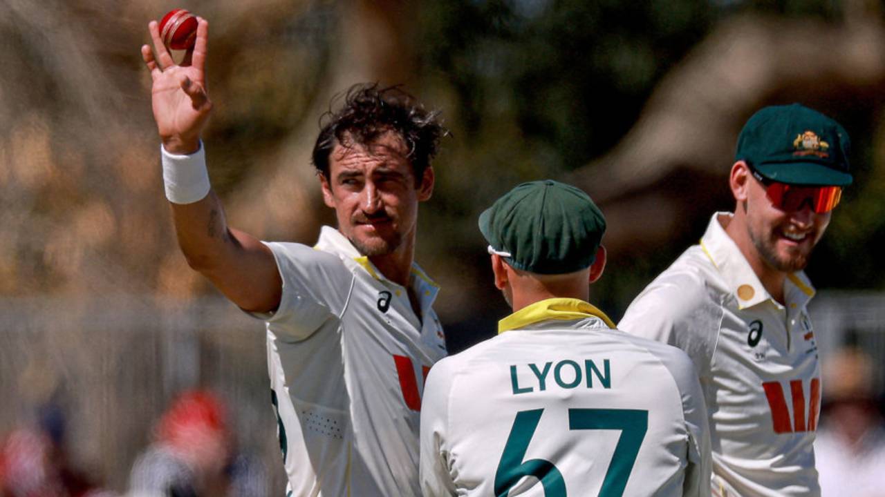 Mitchell Starc holds the ball aloft for his 22-ball five-wicket haul, Australia vs Bangladesh, 2nd Test, Mackay, 1st day, August 22, 2026