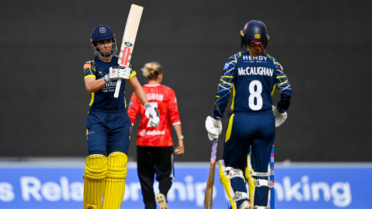Maia Bouchier raises her bat, Hampshire vs The Blaze, Women's One Day Cup, Utilita Bowl, September 9, 2026 Maia Bouchier raises her bat, Hampshire vs The Blaze, Women's One Day Cup, Utilita Bowl, September 9, 2026