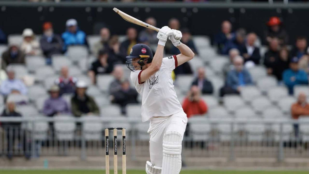 Rocky Flintoff drives one of nine boundaries in his maiden first-class fifty, County Championship division two, Lancashire vs Gloucestershire, Manchester, September 10, 2026