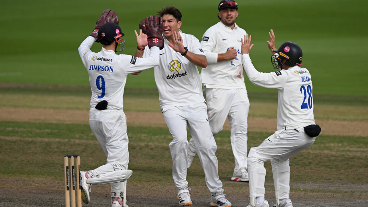 Ari Karvelas is mobbed by his team-mates, Sussex vs Surrey, Hove, County Championship Division One, Day 3, September 10, 2026