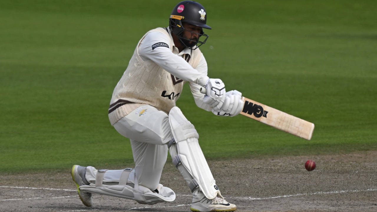 Ryan Patel sweeps during his innings of 55, Sussex vs Surrey, County Championship, Division One, Hove, September 10, 2026