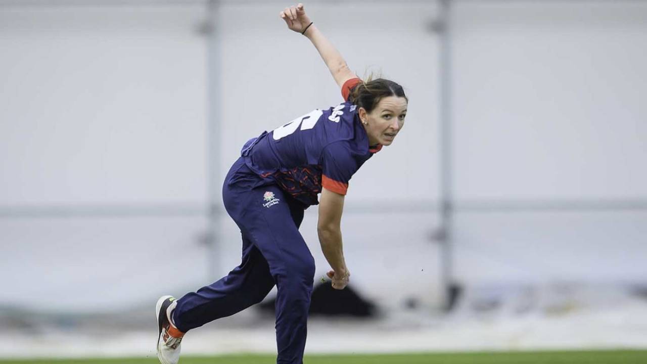 Retiring ex-England seamer Kate Cross sends one down for Lancashire, Metro Bank Women's One Day Cup, Yorkshire vs Lancashire, Leeds, September 12, 2026