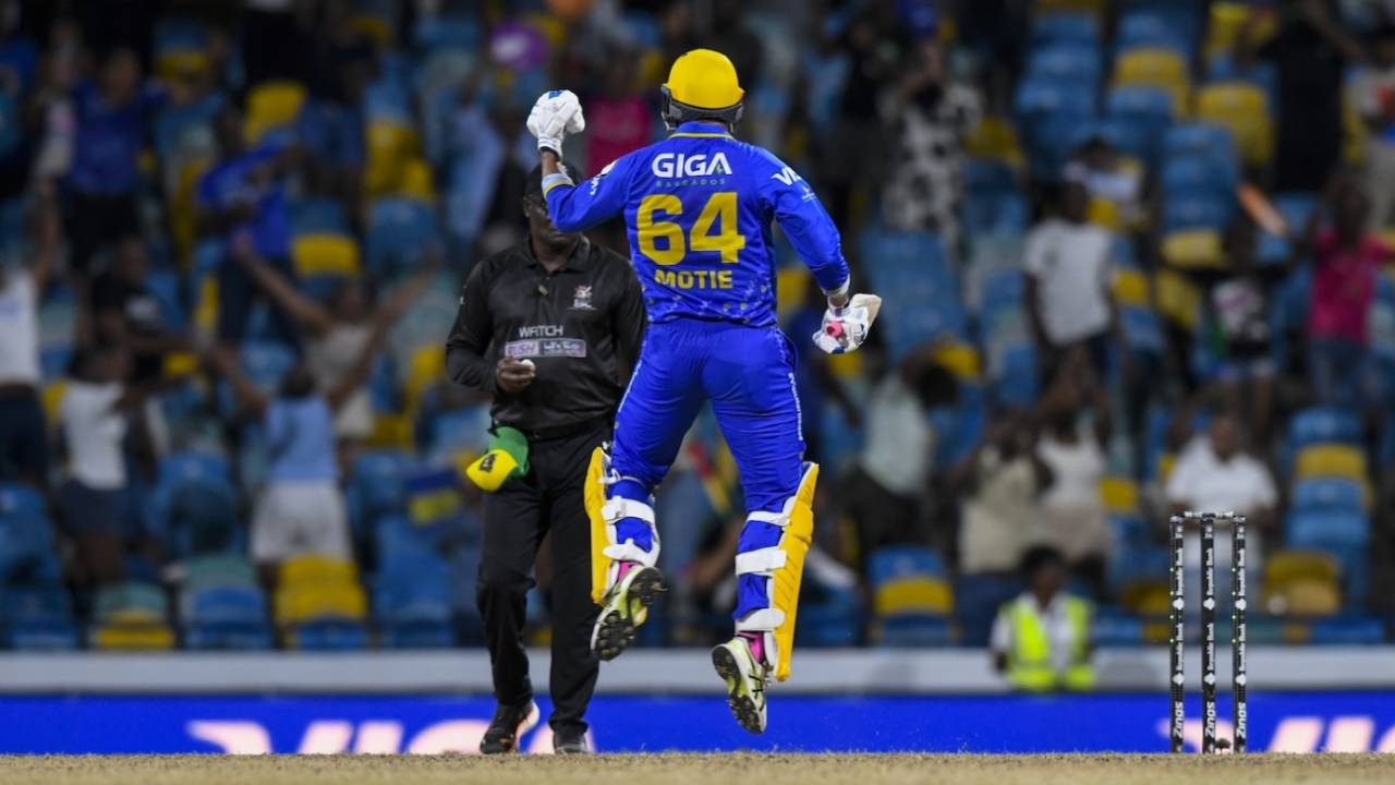 Gudakesh Motie celebrates after hitting the winning runs, Barbados Tridents vs Jamaica Kingsmen, CPL 2026, Bridgetown, September 12, 2026
